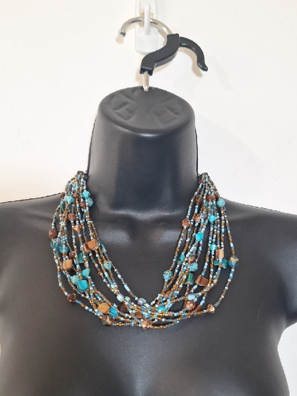 Multi-Strand Turquoise & Brown Beaded Necklace - Bohemian - Picture 6 of 12